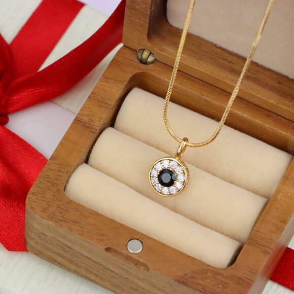 "Black Center Round Pendant in Rose Gold with Crystal Halo, XPPT1595 - Picture 5 of 13